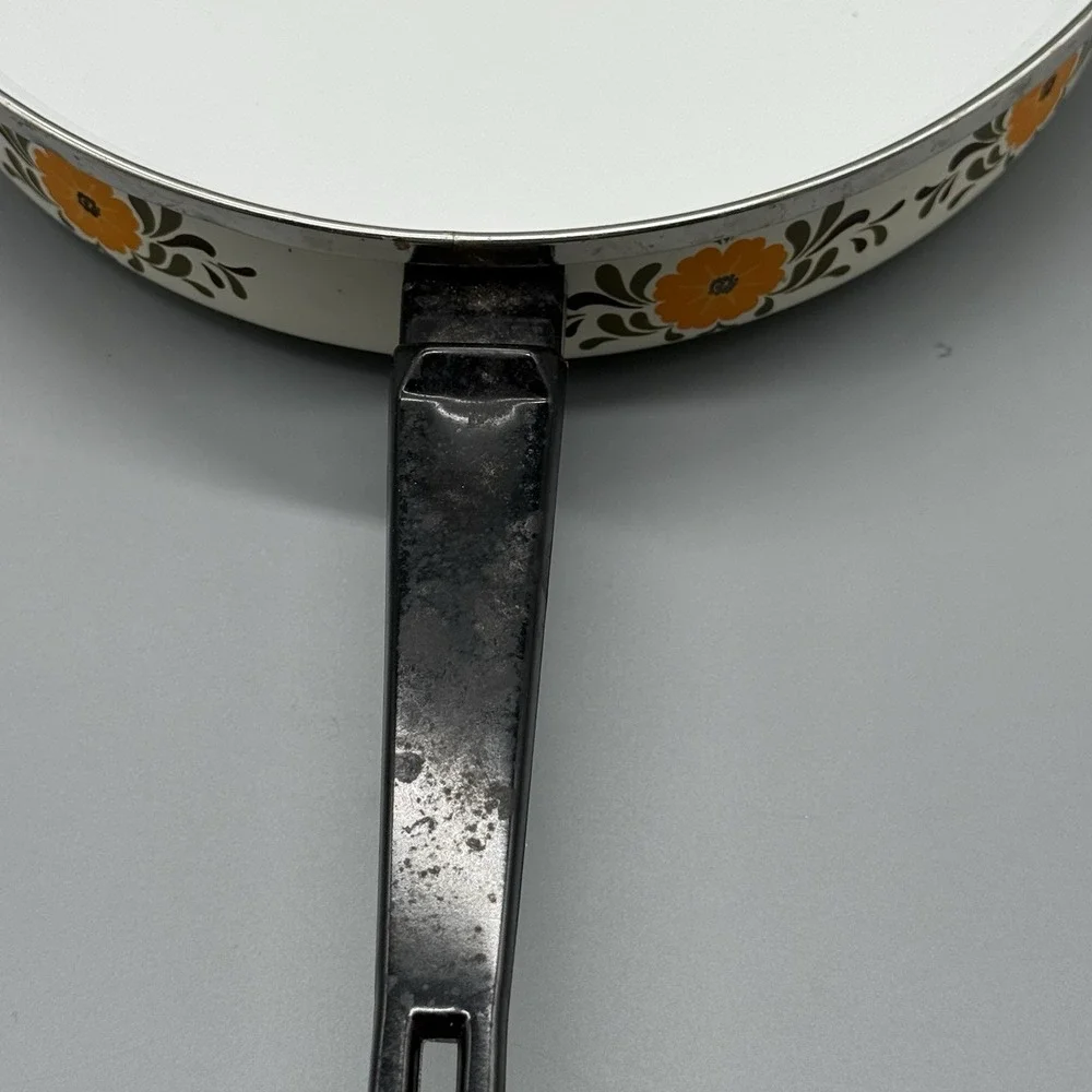 Vintage Cottagecore Enamel Frying Pan Skillet Floral‎ Orange Mid Century Retro